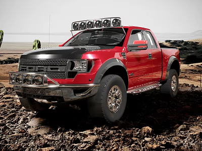 Red Pickup Truck On Off Road Terrain With Roof Lights 3d model
