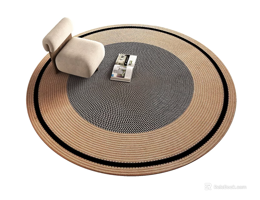 Round Rug With Beige Gray Black Striped Border And Cushion Magazine On Living Room Floor 3d model 