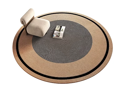 Round Rug With Beige Gray Black Striped Border And Cushion Magazine On Living Room Floor 3d model