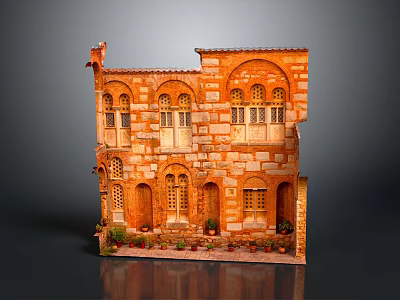 Cartoon Scene Featuring Orange Brick Building With Arched Windows And Flower Pots At Bottom 3d model