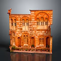 Cartoon Scene Featuring Orange Brick Building With Arched Windows And Flower Pots At Bottom