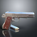 Silver Pistol With Red Wooden Grip And Magazine On Black Background