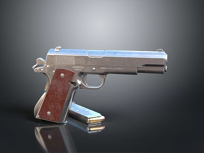 Silver Pistol With Red Wooden Grip And Magazine On Black Background 3d model