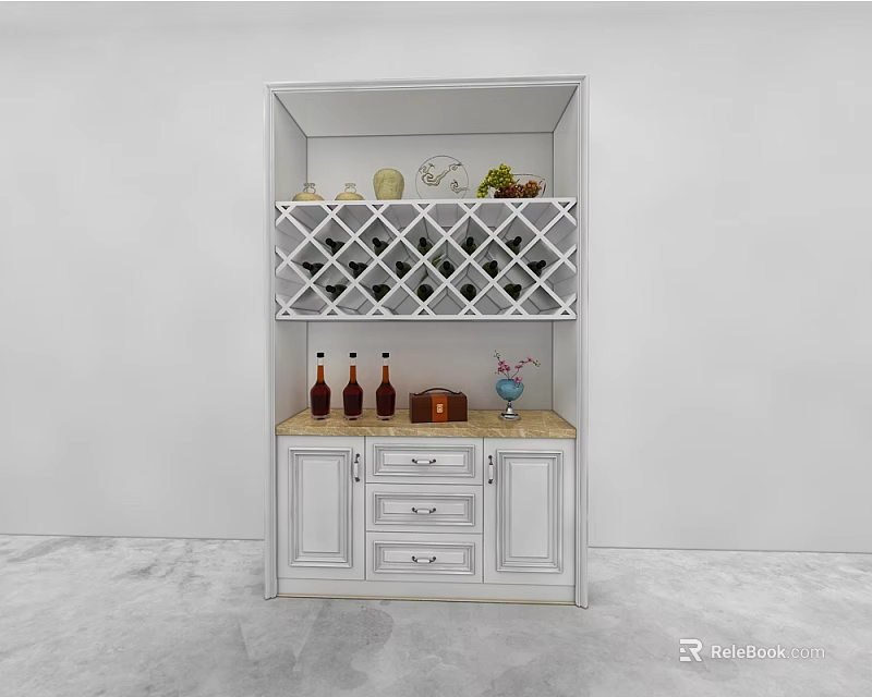 White Modern Wine Cabinet Featuring Lattice Wine Rack Drawers Marble Countertop Wine Bottles And Decor 3d model 