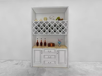 White Modern Wine Cabinet Featuring Lattice Wine Rack Drawers Marble Countertop Wine Bottles And Decor 3d model