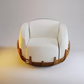 Stylish White Fabric Single Sofa with Wooden Armrests and Base Frame