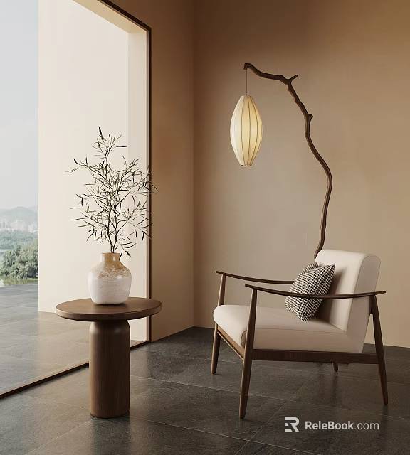 Modern Cozy Interior with Armchair Side Table Vase Plant Hanging Lamp and Scenic View 3d model 