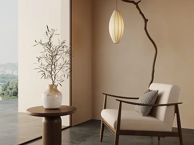 Modern Cozy Interior with Armchair Side Table Vase Plant Hanging Lamp and Scenic View 3d model