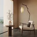 Modern Cozy Interior with Armchair Side Table Vase Plant Hanging Lamp and Scenic View
