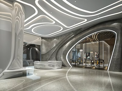 Modern Reception Desk with Curved Lines Ceiling Lighting Marble Floor and Glass Doors 3d model