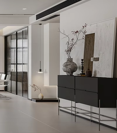 Modern Entryway Console Cabinet And Side Storage With Decorative Vase And Artwork 3d model