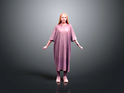 Woman With Red Hair Wearing Loose Purple Dress Standing On Gray Background 3d model