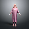 Woman With Red Hair Wearing Loose Purple Dress Standing On Gray Background