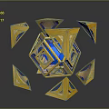 Gold And Blue Geometric Polyhedrons Arranged Around Central Cube With Reflections On Dark Background