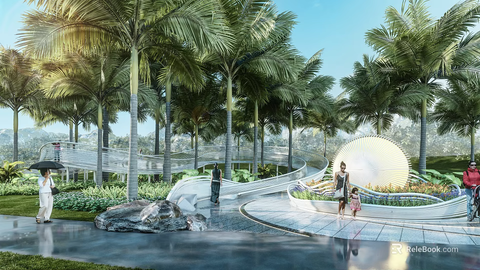 Scenic Curved Road Facilities With Palm Trees Water Feature Circular Structure And Pedestrians 3d model 