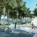 Scenic Curved Road Facilities With Palm Trees Water Feature Circular Structure And Pedestrians