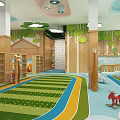 Kindergarten Play Space With Green Leaf Decor Wooden Walls Colorful Floor And Counter Stools