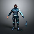 3D Game Movie Character in Dark Blue Combat Suit with Tech Accents and Weapon Accessories