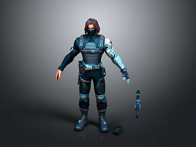 3D Game Movie Character in Dark Blue Combat Suit with Tech Accents and Weapon Accessories 3d model