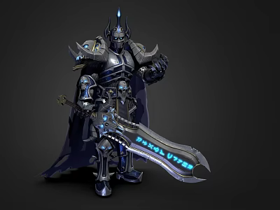 Fantasy Armored Warrior Character With Glowing Blue Sword And Spiked Armor Design 3d model