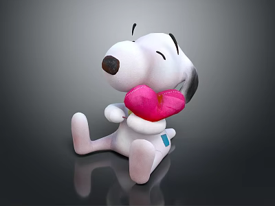 Cute White Plush Doll With Black Ears Holding Pink Heart Sitting On Black Surface 3d model