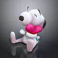 Cute White Plush Doll With Black Ears Holding Pink Heart Sitting On Black Surface