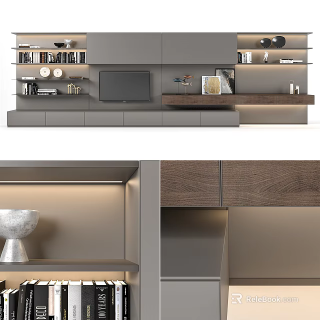 Modern TV Stand With Gray Cabinetry Wooden Shelves LED Lighting And Storage 3d model 
