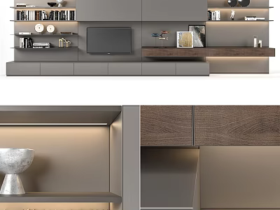 Modern TV Stand With Gray Cabinetry Wooden Shelves LED Lighting And Storage 3d model