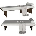 Modern Beige Upholstered Ottoman With Wooden Legs Blanket And Decorative Pillow