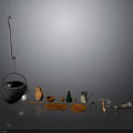Vintage Household Items Featuring Metal Pot Clay Pots Green Bottle Orange Plates And Rolling Pin