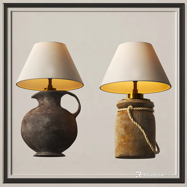 Two Clay Pot And Wooden Barrel Rope Wrapped Table Lamps White Lampshades Gold Bases 3d model 