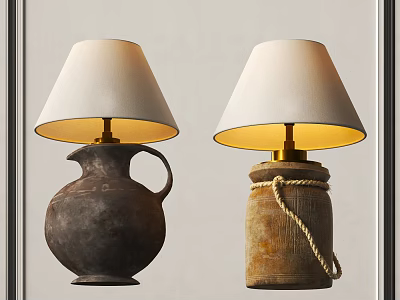 Two Clay Pot And Wooden Barrel Rope Wrapped Table Lamps White Lampshades Gold Bases 3d model