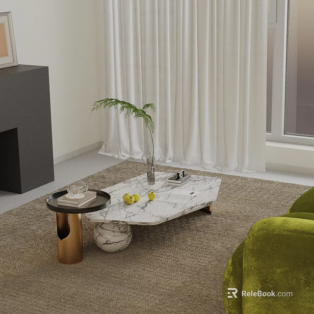 Green Sofa And Marble Coffee Table Set With Vase Fruits On Rug And White Curtains 3d model 