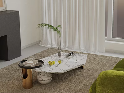 Green Sofa And Marble Coffee Table Set With Vase Fruits On Rug And White Curtains 3d model