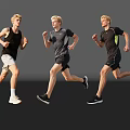 Three Men Running in Athletic Outfits on Gray Background With Reflective Floor