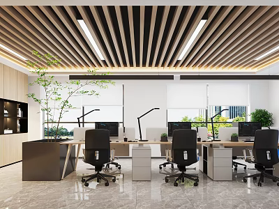 Modern Office With Striped Wooden Ceiling Desks Computers Green Plants And Floor to Ceiling Windows 3d model