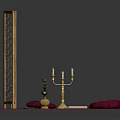 Traditional Room Decor With Wooden Screen Red Rug Cushions Candle Holder And Books