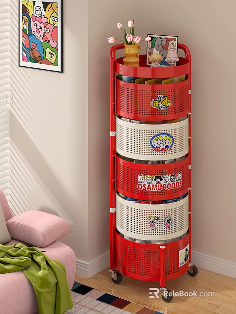 Red Multi Tier Storage Rack With Mesh Baskets And Cartoon Patterns In Kids Room 3d model 