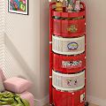 Red Multi Tier Storage Rack With Mesh Baskets And Cartoon Patterns In Kids Room