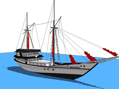 Sailing Ship With Masts And Red Accents On Blue Sea 3d model