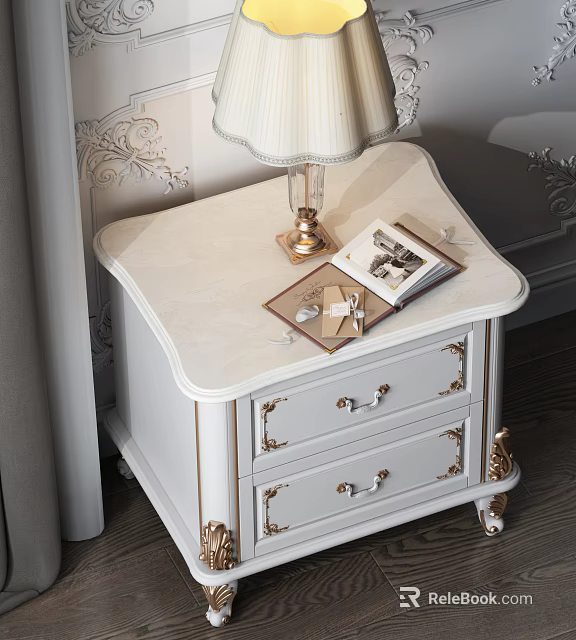 Elegant White Bedside Table With Gold Accents Two Drawers And Table Lamp For Classic Bedroom 3d model 