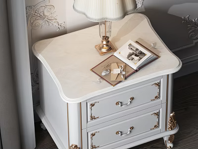 Elegant White Bedside Table With Gold Accents Two Drawers And Table Lamp For Classic Bedroom 3d model