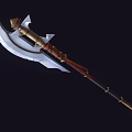 Medieval Double Bladed Battle Axe With Black Gold Handle Red Decorative Strap And Metal Blade