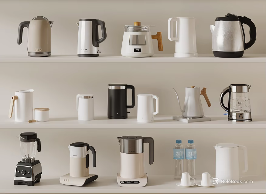 Various Daily Use Electrical Appliances Including Kettles Coffee Makers Blenders And Thermoses Displayed On Shelves 3d model 