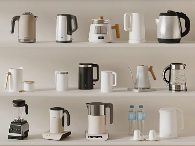 Various Daily Use Electrical Appliances Including Kettles Coffee Makers Blenders And Thermoses Displayed On Shelves 3d model