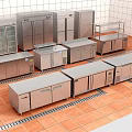 Stainless Steel Commercial Kitchen Equipment with Refrigerators Display Cabinets and Worktables on Red Tiled Floor