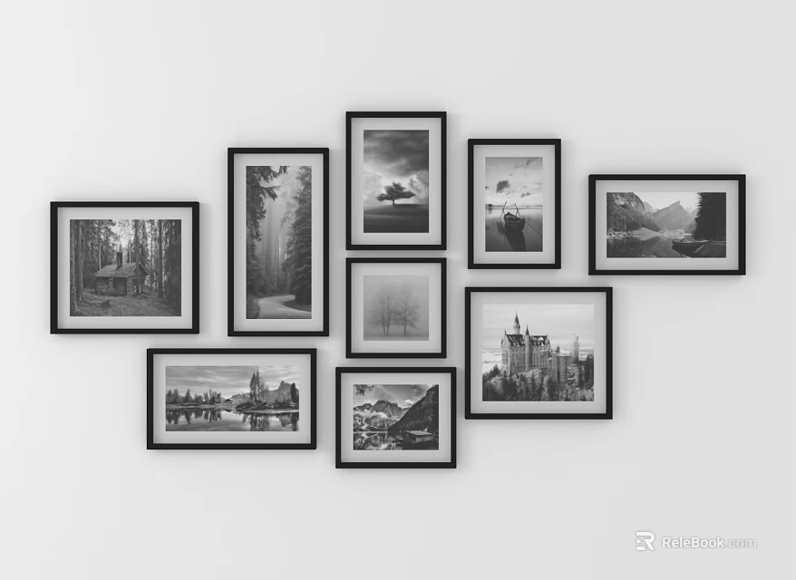 Stylish Black Framed Photo Wall With Irregular Arrangement And Black And White Landscape Building 3d model 