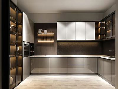 Modern Kitchen Exhibition Hall Showcasing Sleek Cabinets And Island Counter Design Elements 3d model