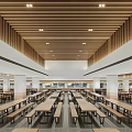 Spacious Dining Hall Interior With Wooden Ceiling And Tables 3d model