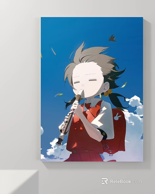 Anime Character Illustration With Gray Hair Braids Playing Clarinet Blue Sky White Clouds Falling Leaves 3d model 